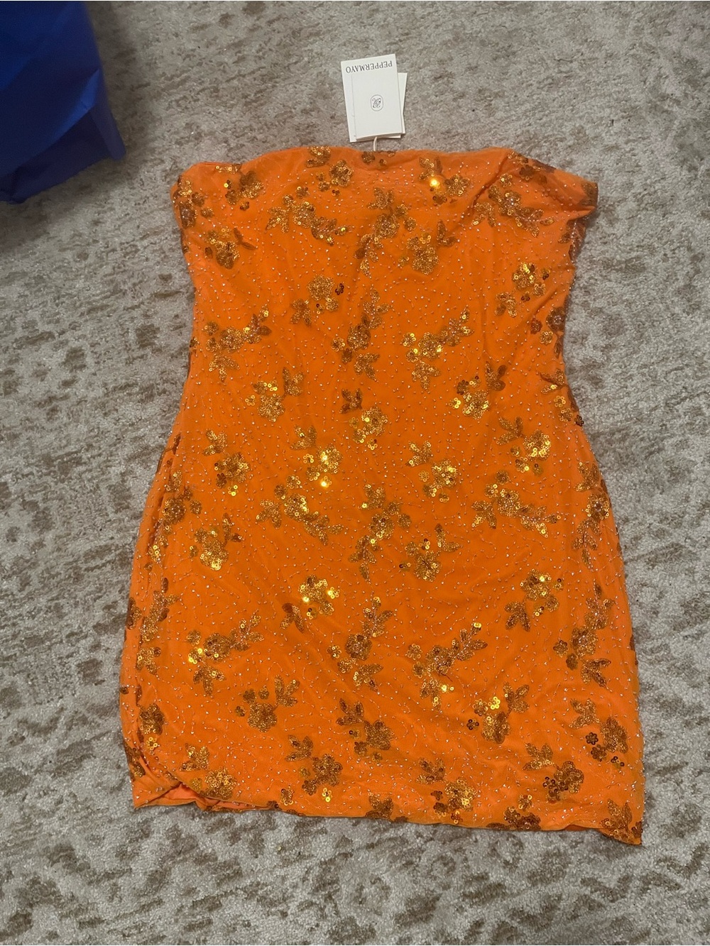 Peppermayo Orange Sequin Strapless Mini Dress